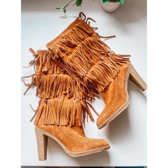 Michael Kors Suede Leather Tiered Fringe Boots Size 8 Cognac Heelede - Picture 1 of 9